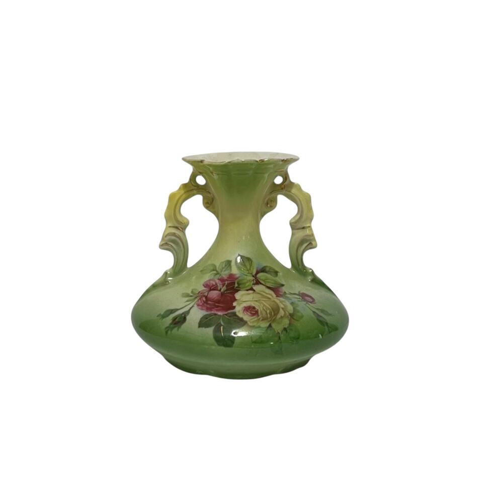 Vintage Green Hand Painted Floral Handled Porcelain Bud Vase Made In Austria